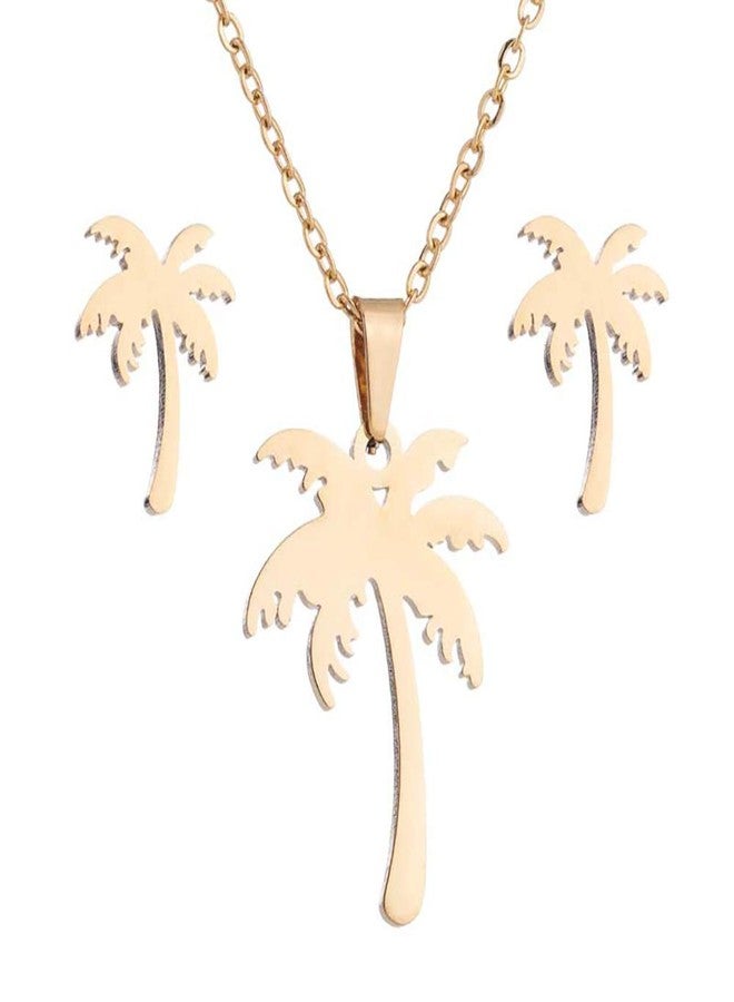 QIAN0813 Stainless Steel Hawaii Tropical Plant Pendant Necklace for Women Coconut Palm Tree Stud Earrings Beach Set Jewelry (Gold) - Image 1